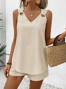 EMERY ROSE V-Neck Sleeveless Casual Striped 2 Pieces Set For Women - Multicolor - View 7