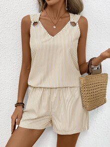 EMERY ROSE V-Neck Sleeveless Casual Striped 2 Pieces Set For Women - Multicolor - View 5