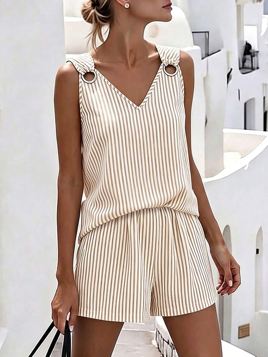 EMERY ROSE V-Neck Sleeveless Casual Striped 2 Pieces Set For Women - Multicolor - View 1