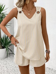 EMERY ROSE V-Neck Sleeveless Casual Striped 2 Pieces Set For Women - Multicolor - View 6