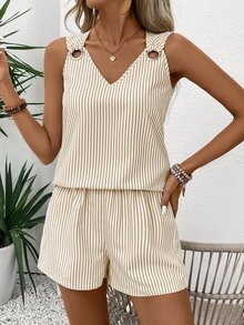 EMERY ROSE V-Neck Sleeveless Casual Striped 2 Pieces Set For Women - Multicolor - View 4