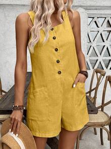 EMERY ROSE Mono de unicolor para mujer con estilo informal de vacaciones y cierre de un solo botón, para ropa de verano y Año Nuevo - Amarillo - Ver 6