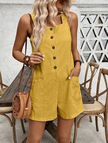 EMERY ROSE Mono de unicolor para mujer con estilo informal de vacaciones y cierre de un solo botón, para ropa de verano y Año Nuevo - Amarillo - Ver 7