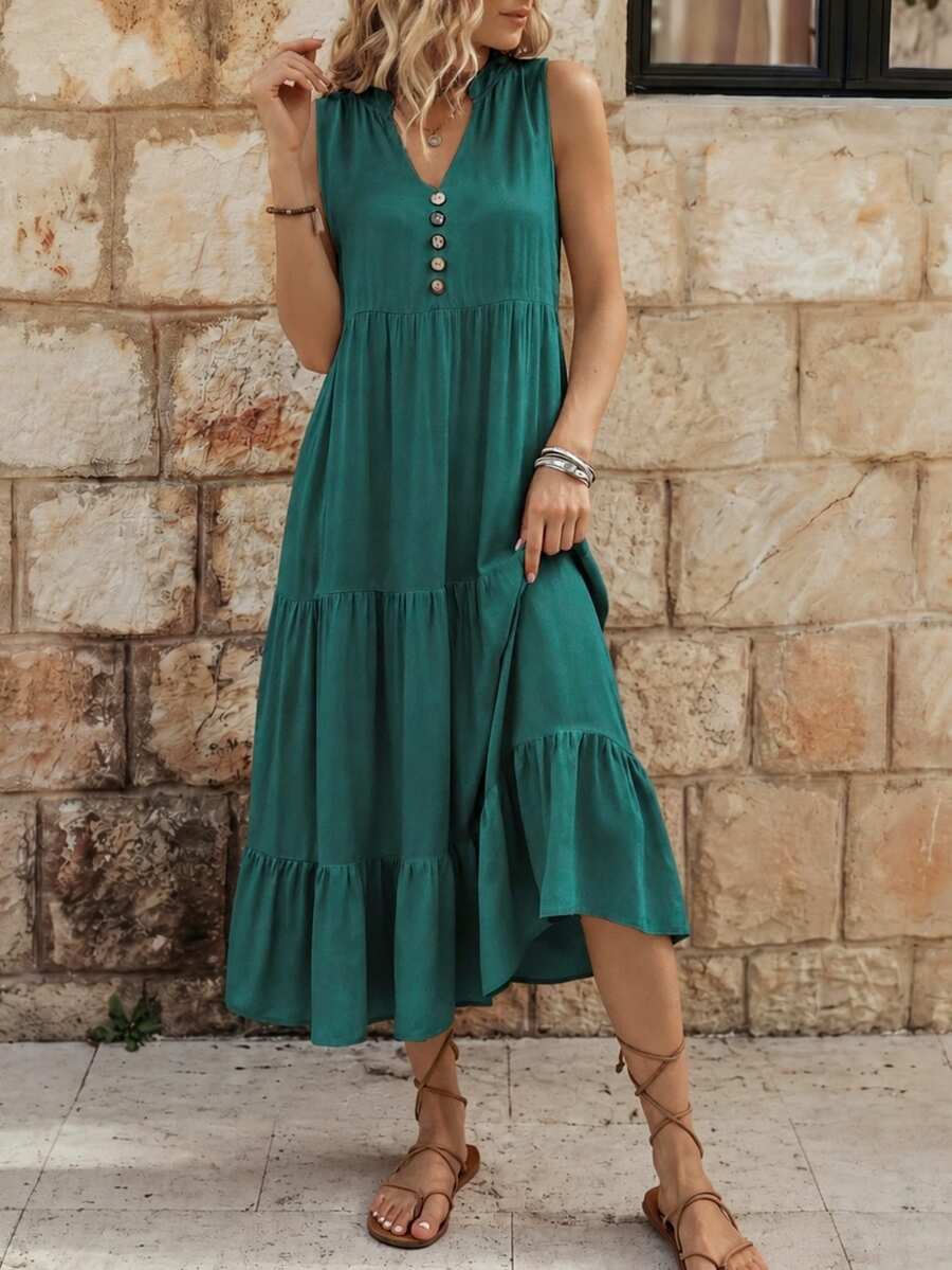 EMERY ROSE Button Detail Layered Hem Smock Dress Maxi Women Outfit - Dark Green - View 1