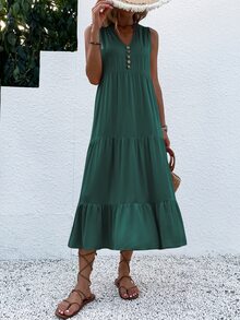 EMERY ROSE Button Detail Layered Hem Smock Dress Maxi Women Outfit - Dark Green - View 7