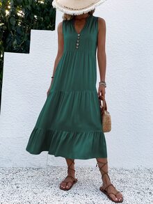 EMERY ROSE Button Detail Layered Hem Smock Dress Maxi Women Outfit - Dark Green - View 5