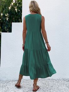 EMERY ROSE Button Detail Layered Hem Smock Dress Maxi Women Outfit - Dark Green - View 2