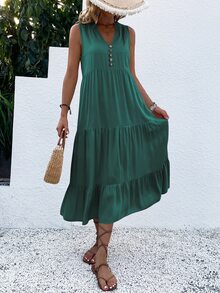 EMERY ROSE Button Detail Layered Hem Smock Dress Maxi Women Outfit - Dark Green - View 8