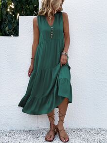 EMERY ROSE Button Detail Layered Hem Smock Dress Maxi Women Outfit - Dark Green - View 6