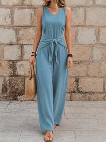 SHEIN Women's Hazy Blue V-Neck Twist Strap Jumpsuit - Dusty Blue - View 3