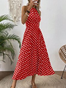 EMERY ROSE Women Summer Polka Dot Print Halter Sleeveless Dress - Red - View 6