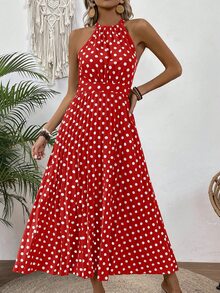 EMERY ROSE Women Summer Polka Dot Print Halter Sleeveless Dress - Red - View 5