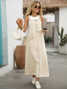 EMERY ROSE Women's Solid Color Square Neck Sleeveless Casual Denim Dress, Summer - Apricot - View 6