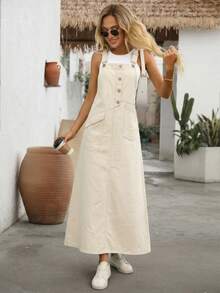 EMERY ROSE Women's Solid Color Square Neck Sleeveless Casual Denim Dress, Summer - Apricot - View 7