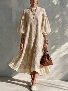 Omancia Women's Spring/Autumn Single Piece Semi-High Neck Sheer Lace Lantern 3/4 Sleeve Satin Trim Loose A-Line Silhouette French Gentle Style Vacation Commute Midi Dress - Apricot - View 7