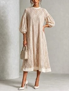 Omancia Women's Spring/Autumn Single Piece Semi-High Neck Sheer Lace Lantern 3/4 Sleeve Satin Trim Loose A-Line Silhouette French Gentle Style Vacation Commute Midi Dress - Apricot - View 3