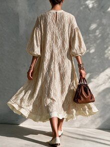 Omancia Women's Spring/Autumn Single Piece Semi-High Neck Sheer Lace Lantern 3/4 Sleeve Satin Trim Loose A-Line Silhouette French Gentle Style Vacation Commute Midi Dress - Apricot - View 6