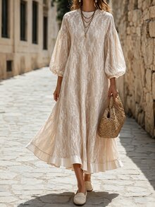 Omancia Women's Spring/Autumn Single Piece Semi-High Neck Sheer Lace Lantern 3/4 Sleeve Satin Trim Loose A-Line Silhouette French Gentle Style Vacation Commute Midi Dress - Apricot - View 2