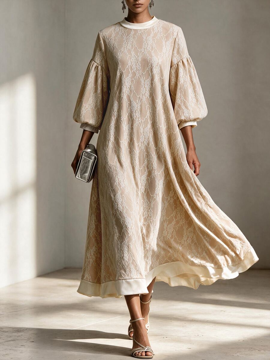 Omancia Women's Spring/Autumn Single Piece Semi-High Neck Sheer Lace Lantern 3/4 Sleeve Satin Trim Loose A-Line Silhouette French Gentle Style Vacation Commute Midi Dress - Apricot - View 1