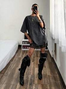 Muchica 女款圓領落肩對比蕾絲下擺寬鬆迷你洋裝 - 黑色 - 查看 5