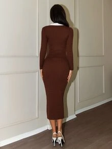 SHEIN Unity Autumn/Winter Women's Long Dress, Elegant Preppy Women's Dress, Half-Open Front, Slim Fit, Color Block Everyday Date White And Brown - Coffee Brown - View 5