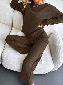 SHEIN Petite Size Solid Brown Color 100% Cotton Rib-Knit Drop Shoulder Casual Long Sleeve Tee & Long Pants - Chocolate Brown - View 3