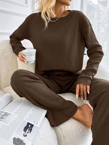SHEIN Petite Size Solid Brown Color 100% Cotton Rib-Knit Drop Shoulder Casual Long Sleeve Tee & Long Pants - Chocolate Brown - View 4