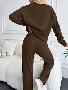 SHEIN Petite Size Solid Brown Color 100% Cotton Rib-Knit Drop Shoulder Casual Long Sleeve Tee & Long Pants - Chocolate Brown - View 2