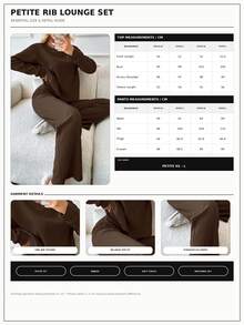 SHEIN Petite Size Solid Brown Color 100% Cotton Rib-Knit Drop Shoulder Casual Long Sleeve Tee & Long Pants - Chocolate Brown - View 6