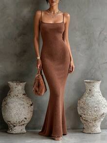 Glimmora Solid Color Fitted Spaghetti Strap Dress - Coffee - View 4