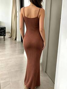 Glimmora Solid Color Fitted Spaghetti Strap Dress - Coffee - View 5