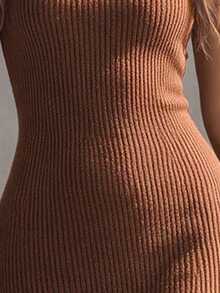 Glimmora Solid Color Fitted Spaghetti Strap Dress - Coffee - View 3