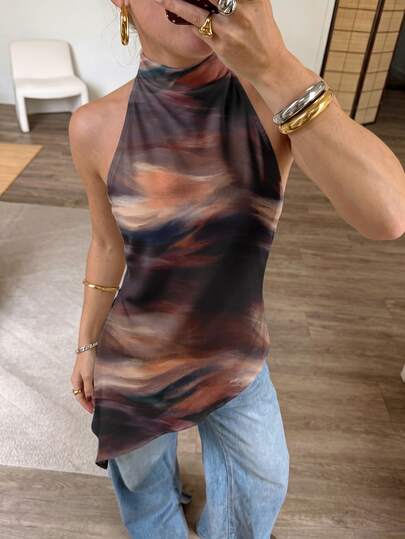 Firerie Women's Early Autumn Elegant Minimalist Casual Vacation Daily Commute Fashion Brown Textured Tie-Dye Print New Drape Backless Halter Neck Asymmetrical Hem Shirt Top