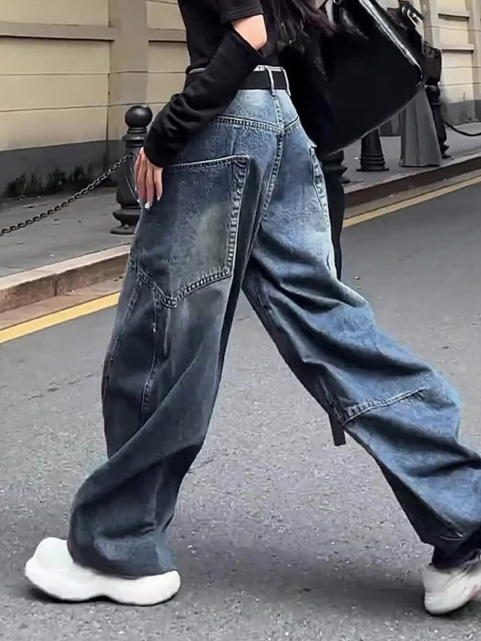 Women's Distressed Washed Patchwork Loose Curved Leg Jeans, Casual Streetwear Long Pants For Spring And Autumn Vacation