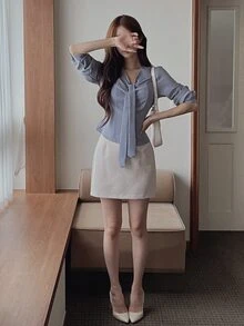 DAZY 女款純色打結領長袖休閒襯衫 - 霧霾藍 - 查看 6