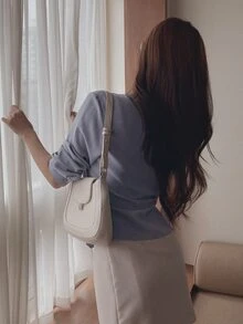 DAZY 女款純色打結領長袖休閒襯衫 - 霧霾藍 - 查看 8