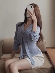 DAZY 女款純色打結領長袖休閒襯衫 - 霧霾藍 - 查看 5