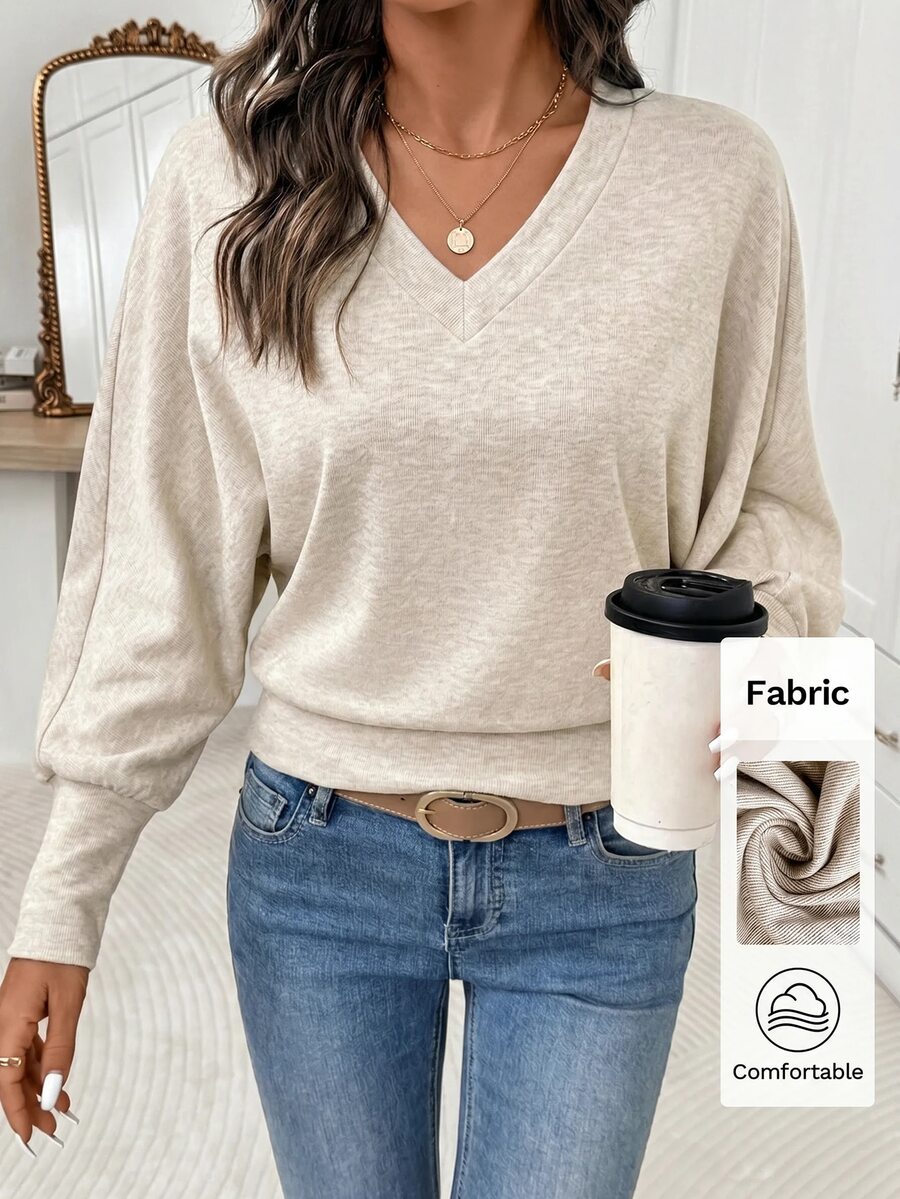 Editum Women's Casual Versatile Solid Color Batwing Sleeve Sweatshirt Brunch Beige Autumn - Apricot - View 1