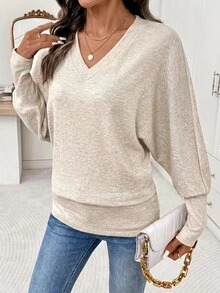 Editum Women's Casual Versatile Solid Color Batwing Sleeve Sweatshirt Brunch Beige Autumn - Apricot - View 7