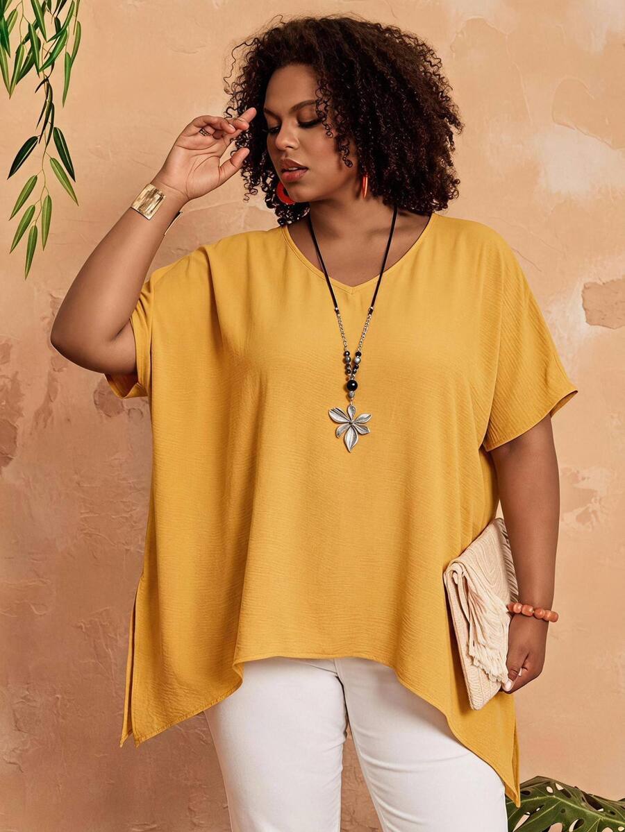 BrightlyHer Plus Size Asymmetrical Hem Solid Color Shirt, Summer - Pale Yellow - View 1