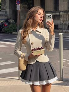 SHEIN MOD Women 1pc Beige Collared Button Front Long Sleeve Fitted Peplum Jacket Sweet Cute Elegant Chic Fall Autumn Christmas Going Out Work Blazer - Apricot - View 2