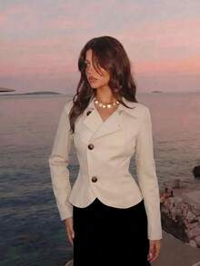 SHEIN MOD Women 1pc Beige Collared Button Front Long Sleeve Fitted Peplum Jacket Sweet Cute Elegant Chic Fall Autumn Christmas Going Out Work Blazer - Apricot - View 3