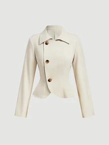 SHEIN MOD Women 1pc Beige Collared Button Front Long Sleeve Fitted Peplum Jacket Sweet Cute Elegant Chic Fall Autumn Christmas Going Out Work Blazer - Apricot - View 5