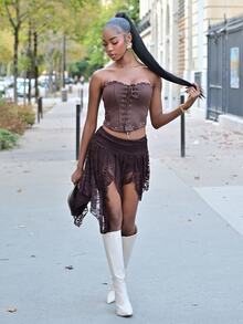 Mima John Coffee 's Suede Lace Up Rivet Deconstruction Tube Top,Country Western Autumn Concert, Bohemian Vacation Music Festival Top No Chest Padding - Coffee Brown - View 3