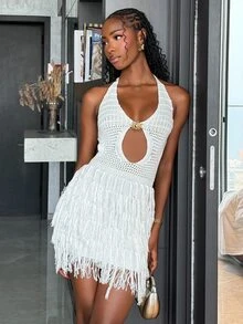 Mima John Women's V-Neck Halter Backless Fitted Sweater Dress, Bohemian, Boho, Vacation, Autumn/Winter No Chest Padding - White - View 1