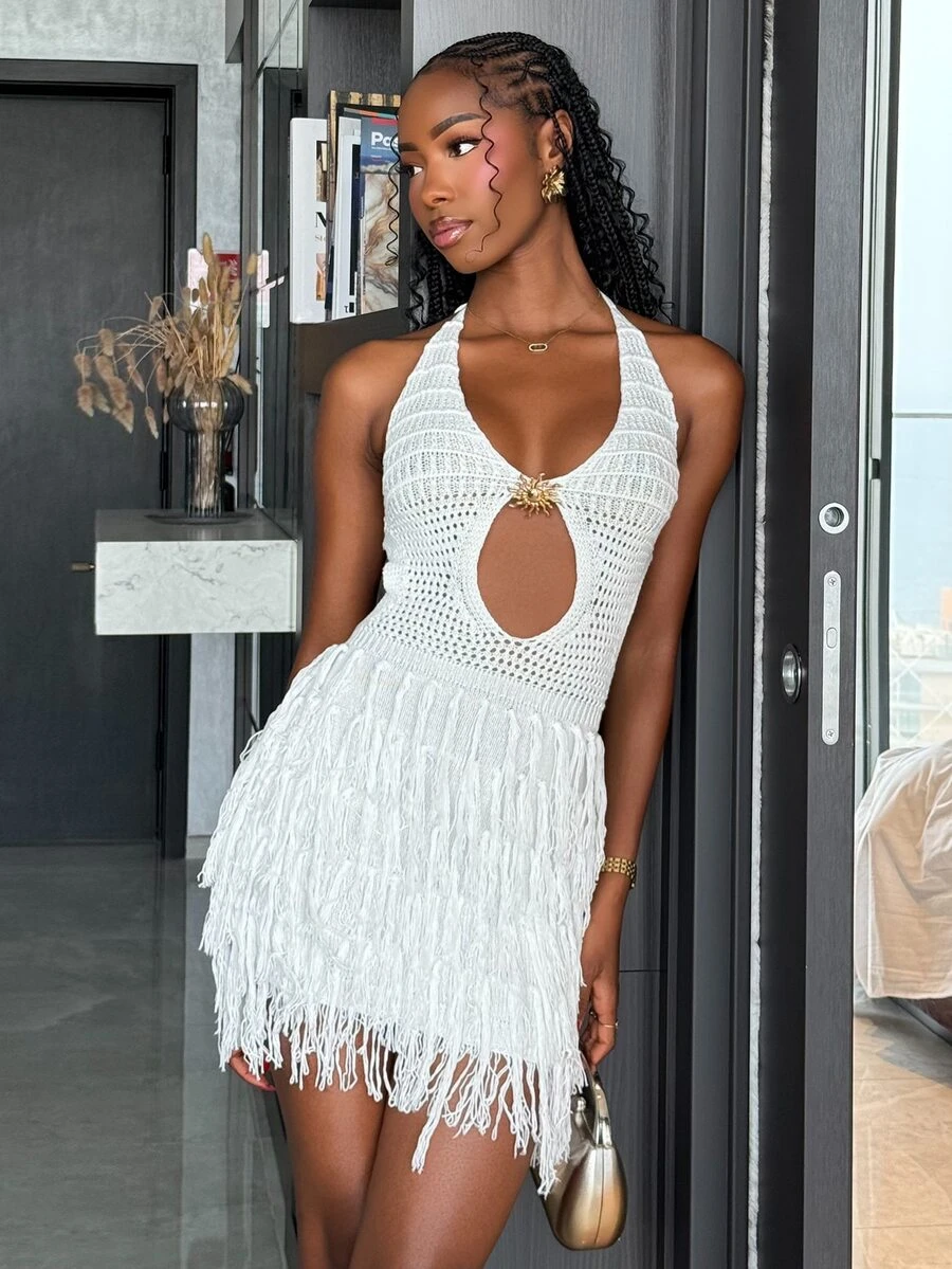Mima John Women's V-Neck Halter Backless Fitted Sweater Dress, Bohemian, Boho, Vacation, Autumn/Winter No Chest Padding - White - View 1