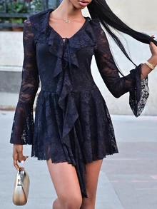 Mima John Women's Black Lace Patchwork Deep V-Neck Tie Front Long Sleeve Mini Dress,Elegant Goth Winter Outfits For Date Night Out,Cocktail Party Formal Dress - Black - View 6
