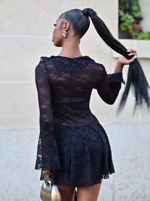 Mima John Women's Black Lace Patchwork Deep V-Neck Tie Front Long Sleeve Mini Dress,Elegant Goth Winter Outfits For Date Night Out,Cocktail Party Formal Dress - Black - View 2