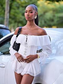 Mima John Romantic Vacation Off Shoulder Ruched Waist A-Line Jumpsuit For Women - White - View 2