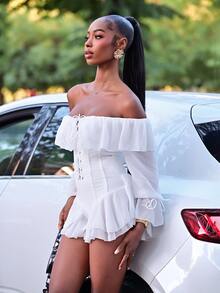 Mima John Romantic Vacation Off Shoulder Ruched Waist A-Line Jumpsuit For Women - White - View 5